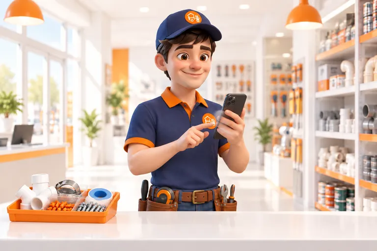 The Hardware EEZ mascot using a phone beside hardware supplies