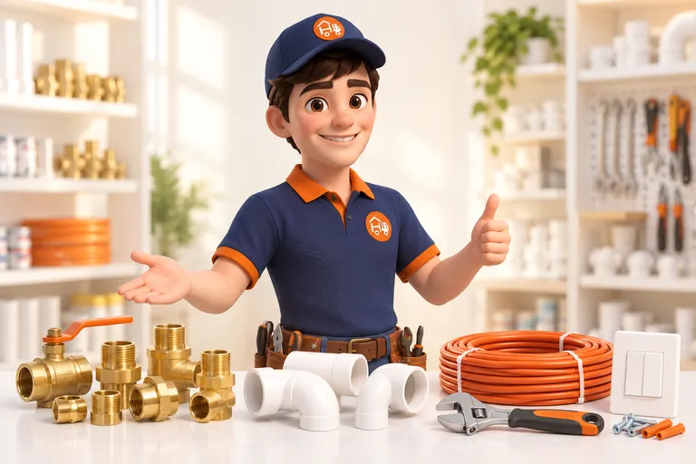 The Hardware EEZ mascot presenting plumbing fittings, electrical cable, and tools